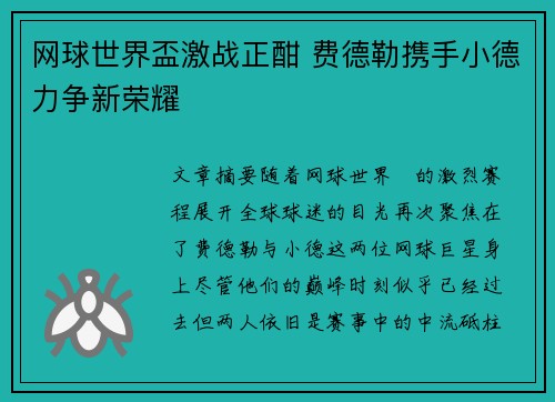 网球世界盃激战正酣 费德勒携手小德力争新荣耀
