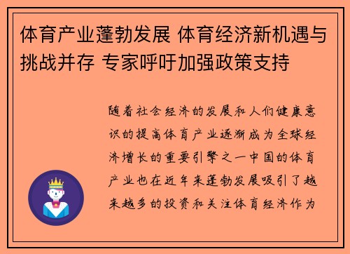 体育产业蓬勃发展 体育经济新机遇与挑战并存 专家呼吁加强政策支持