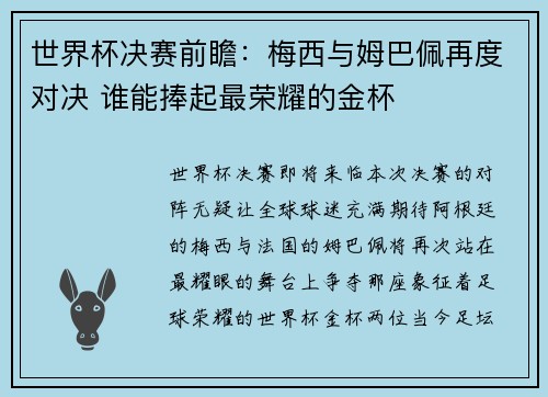 世界杯决赛前瞻：梅西与姆巴佩再度对决 谁能捧起最荣耀的金杯