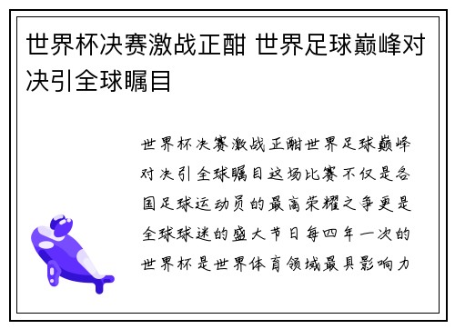 世界杯决赛激战正酣 世界足球巅峰对决引全球瞩目