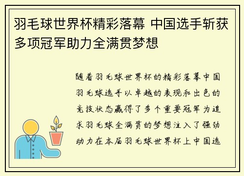 羽毛球世界杯精彩落幕 中国选手斩获多项冠军助力全满贯梦想