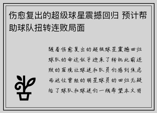 伤愈复出的超级球星震撼回归 预计帮助球队扭转连败局面