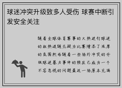 球迷冲突升级致多人受伤 球赛中断引发安全关注