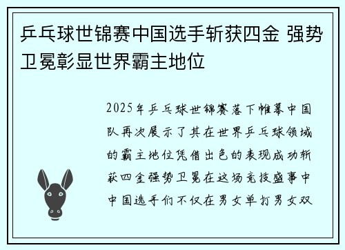 乒乓球世锦赛中国选手斩获四金 强势卫冕彰显世界霸主地位